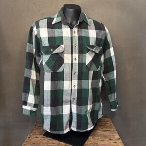 M. Fine & Sons Green Plaid Flannel Shirt Men L Tall Workwear